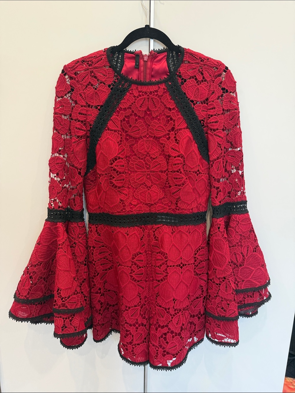 Alexis Red Lace Bell-Sleeve Women’s Romper with Black Trim